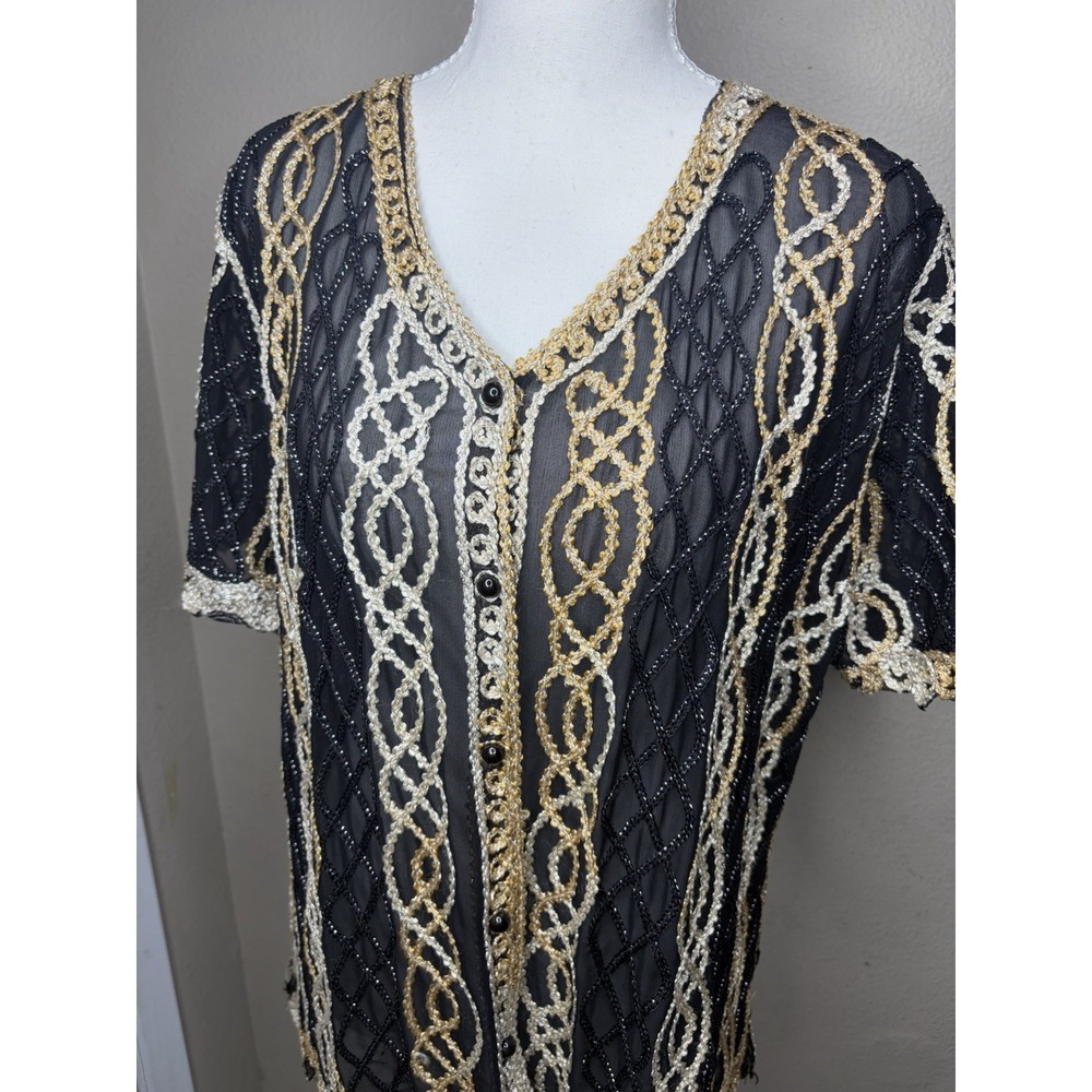 Peace Buttons Secret L Black Sheer Art Deco Sparkle Metallic Mesh Blouse Button